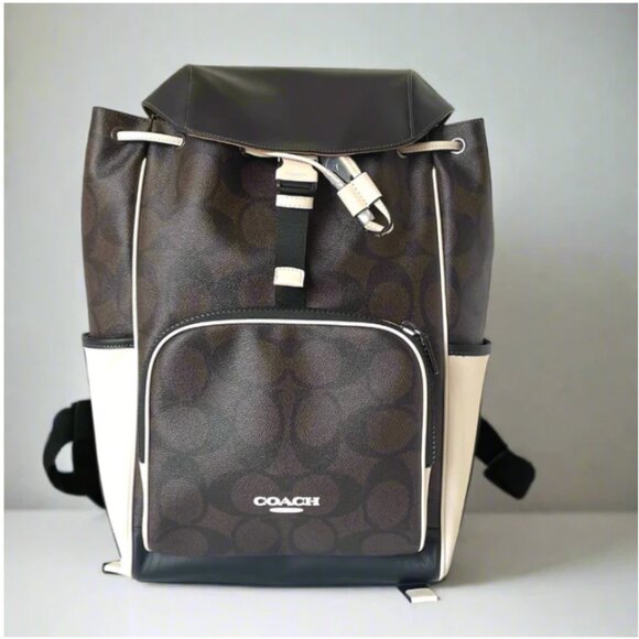 COACH CY775 Racer Backpack Blocked Signature Canvas Leather Walnut Chalk - Picture 1 of 13